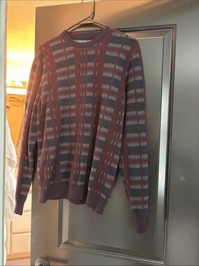 Perry Ellis Burgundy and Navy Plaid Crewneck Sweater